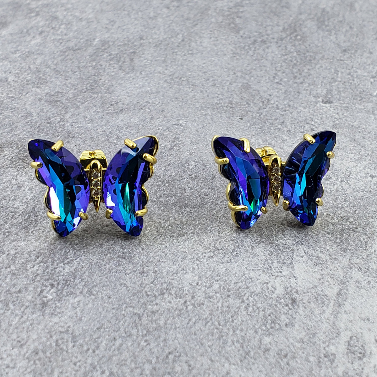 Butterfly Blue Crystal Gold Stud Earring Pair For Women
