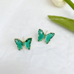 Butterfly Gold Green Crystal Stud Earring Pair Women