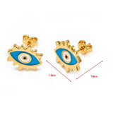 Oval Evil Eye Eyelash Blue Gold Copper Enamel Stud Earring Pair For Women