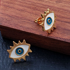 Oval Evil Eye Eyelash Blue Gold Copper Enamel Stud Earring Pair For Women