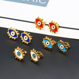 Oval Evil Eye Eyelash Blue Gold Copper Enamel Stud Earring Pair For Women
