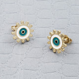 Sun Evil Eye Black Green Gold Copper Enamel Stud Earring Pair For Women