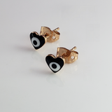 Evil Eye Tiny Black Heart Gold Stud Earring Pair Brass For Women
