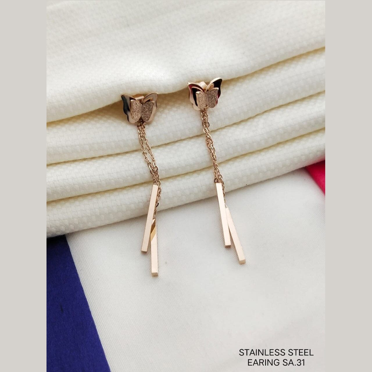 Butterfly Rose Gold Stainless Steel Tassel Earring Pair For Women