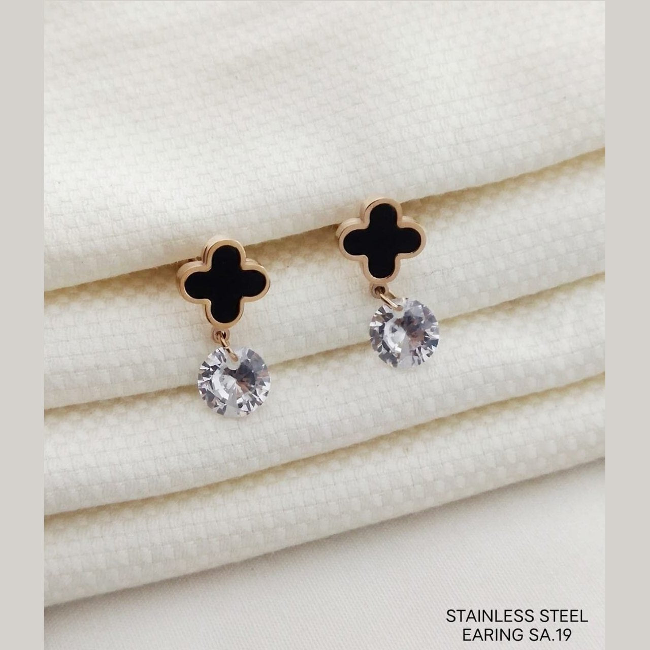 Flower Rose Gold Black American Diamond Stainless Steel Stud Earring Pair For Women