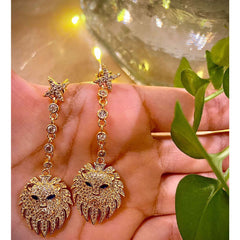 Copper Lion Cubic Zirconia Crystal Gold Dangler Earring Pair For Women