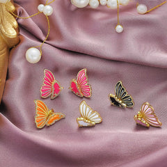 Neon Pink Double Sided Butterfly Gold Copper Ear Cuff Earring Pair For Women