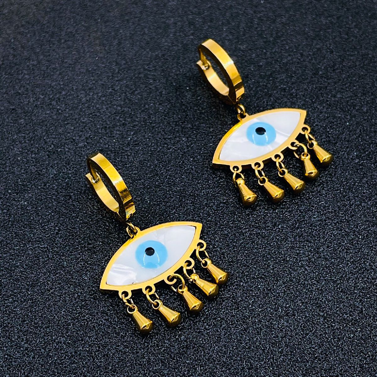 Copper Evil Eye Gold White Mother of Pearl Drop Earring Pair For Women