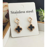 Stainless Steel Rose Gold Black Clover Drop Earring Pair Women