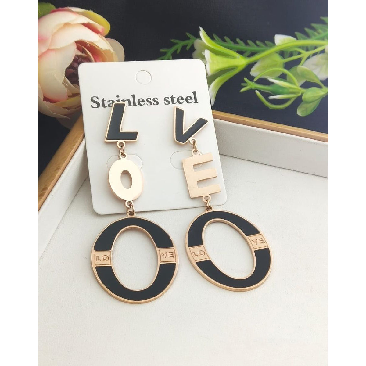 Stainless Steel Rose Gold Love Enamel Dangler Earring Pair Women