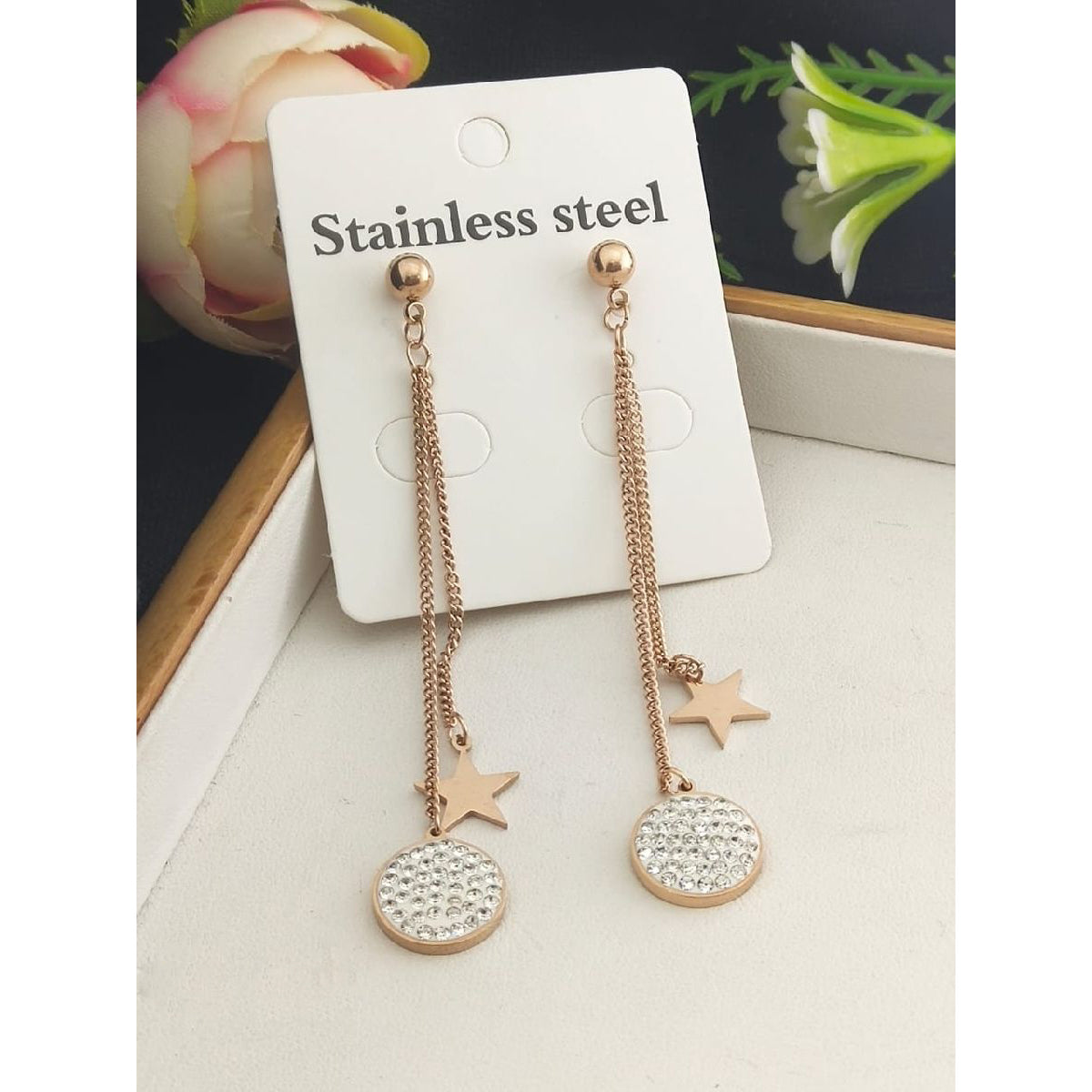 Stainless Steel Rose Gold Star Cubic Zirconia Tassel Earring Pair