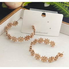 Stainless Steel Rose Gold Flower Hoop Earring Pair Women
