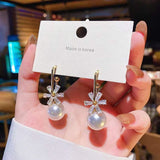 Floral Baguette Pearl 18K Gold Stud Drop Earring Pair for Women