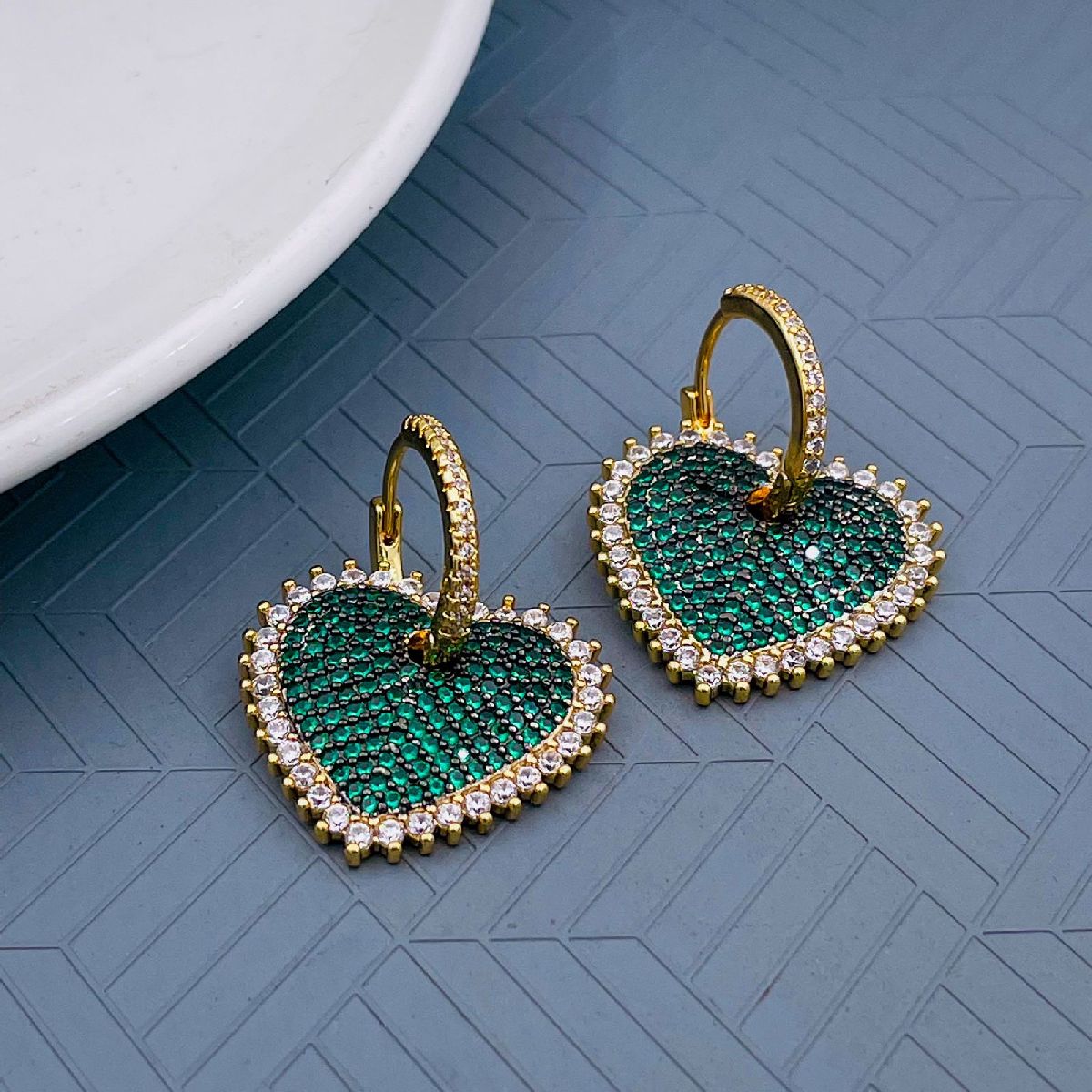 Copper Heart Gold Cubic Zirconia Hoop & Drop Earring Pair Women