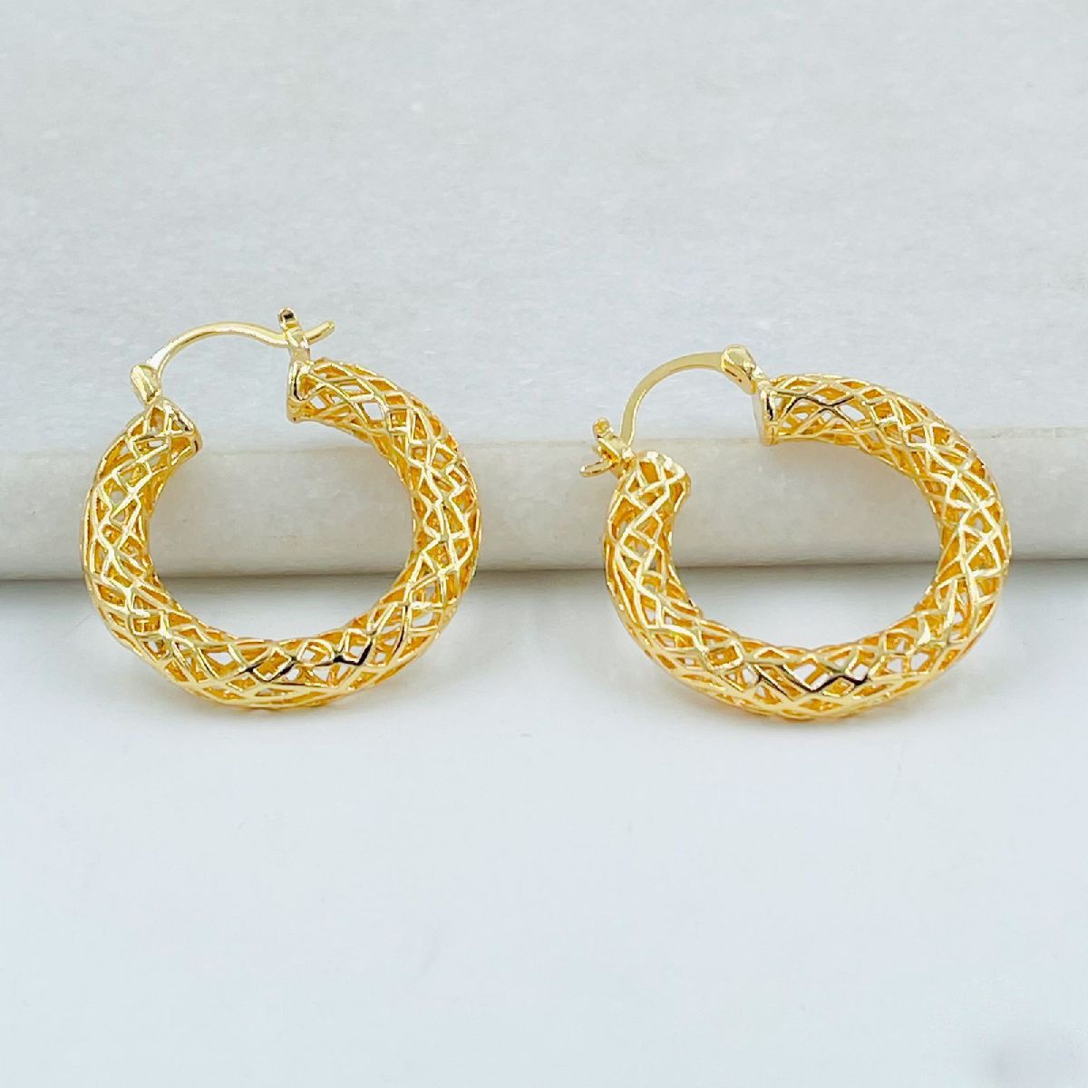Mesh 18K Gold Anti Tarnish Copper Hoop Earring Pair for Women