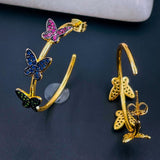Triple Butterfly Multi Color 18K Gold Hoop Earring Pair For Women