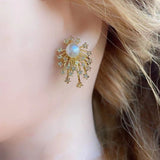 Star Burst Pearl Cubic Zirconia 18K Gold Anti Tarnish Copper Earring for Women