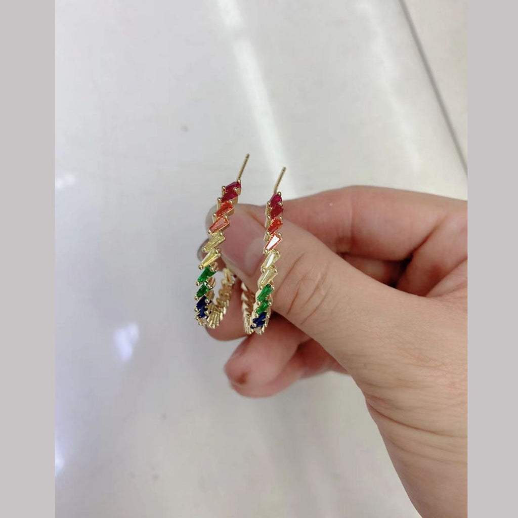 rainbow multicolour Baguette Cubic Zirconia 18K Gold Copper Hoop Earri