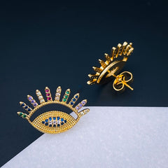 Eyelash Evil Eye Colorful Etched 18K Gold Stud Earring for Women