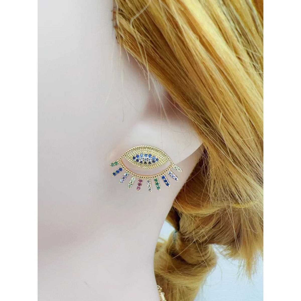 Eyelash Evil Eye Colorful Etched 18K Gold Stud Earring for Women