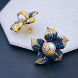 Flower Blue Cubic Zirconia Pearl 18K Gold Stud Earring for Women