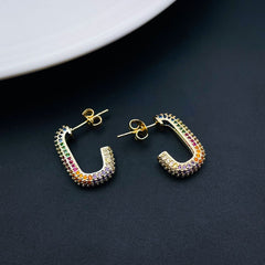 Half Rectangle Multi Color Rainbow Copper Gold Hoop Earring for Women