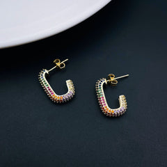 Half Rectangle Multi Color Rainbow Copper Gold Hoop Earring for Women