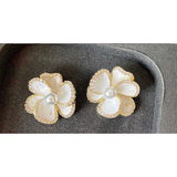 White Oyster Cubic Zirconia Pearl 3D Petal Flower Copper Stud Earring for Women