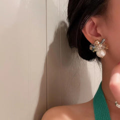 Floral Crystal Beads Pearl Copper Multicolor Gold Stud Earring for Women