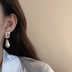 Tulip Enamel Baroque Pearl Gold Copper Dangling Drop Earring for Women