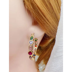 Rainbow Multi Color Fancy Zircon Gold Copper Hoop Bali Earrings