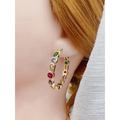 Rainbow Multi Color Fancy Zircon Gold Copper Hoop Bali Earrings
