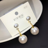 Dual Pearl Cubic Zirconia 18K Gold Dangling Drop Earring for Women