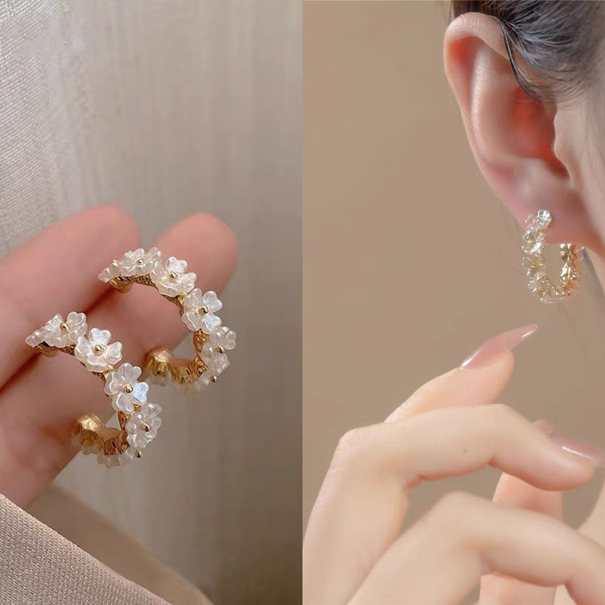 Flower Mother of Pearl Delicate 18K Gold Hoop Earring for Women