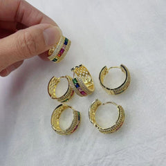 Rainbow Multi Color Cubic Zirconia 18K Gold Copper Hoop Bali Earring for Women