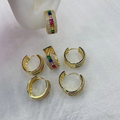 Rainbow Multi Color Cubic Zirconia 18K Gold Copper Hoop Bali Earring for Women