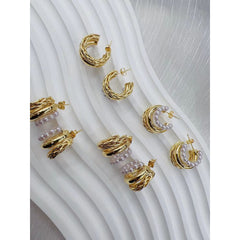 Pearl 18K Glossy Gold Triple Layer Hoop Bali Earring for Women