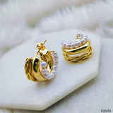 Pearl 18K Glossy Gold Triple Layer Hoop Bali Earring for Women