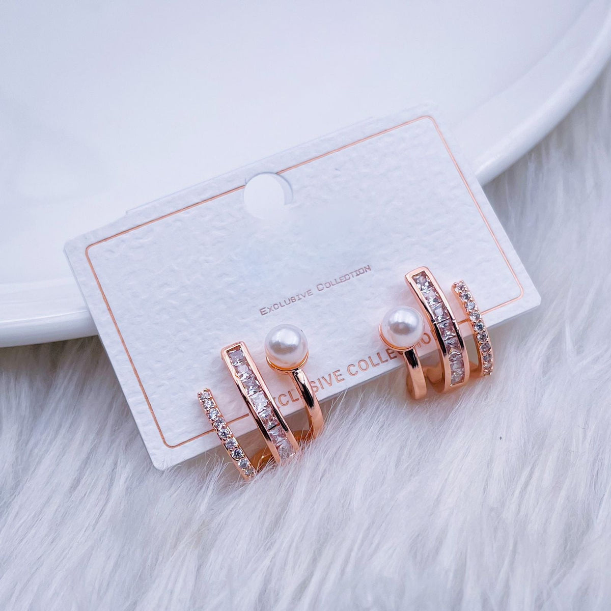 Pearl Cubic Zirconia Princess Cut Stainless Steel Rose Gold Hoop Stud Earring For Women