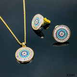 Evil Eye Baguette 18k Gold Blue Copper Pendant Chain Earring Set For Women