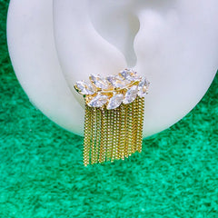 Leaf Pear Cut Cubic Zirconia 18K Gold Dangler Tassel Chain Earring for Women
