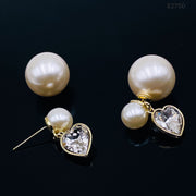 Post Dual Pearl Dangling Drop Heart Love Cubic Zirconia 18K Gold Earring for Women