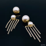Post Dual Pearl Dangling Tassel Cubic Zirconia Chain 18K Gold Earring for Women