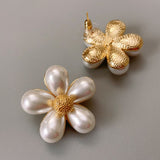 5 Petal Pearl 18K Gold Flower Stud Earring for Women