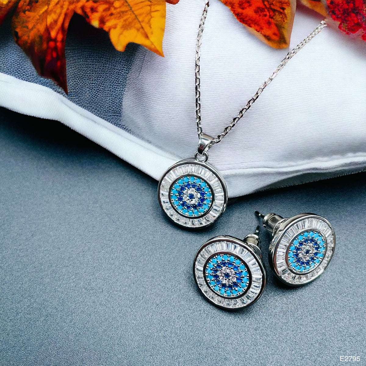 Evil Eye Baguette Silver Anti Tarnish Pendant Chain Earring Set For Women