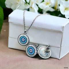 Evil Eye Baguette Silver Anti Tarnish Pendant Chain Earring Set For Women