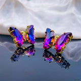 Butterfly Pink Blue Crystal Gold Stud Earring Pair For Women