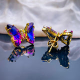 Butterfly Pink Blue Crystal Gold Stud Earring Pair For Women