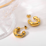 Hammered Semi Circle 18K Gold Plated Cubic Zirconia Studded Stainless Steel Hoop Earrings For Women