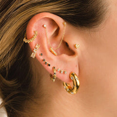 Hammered Semi Circle 18K Gold Plated Cubic Zirconia Studded Stainless Steel Hoop Earrings For Women